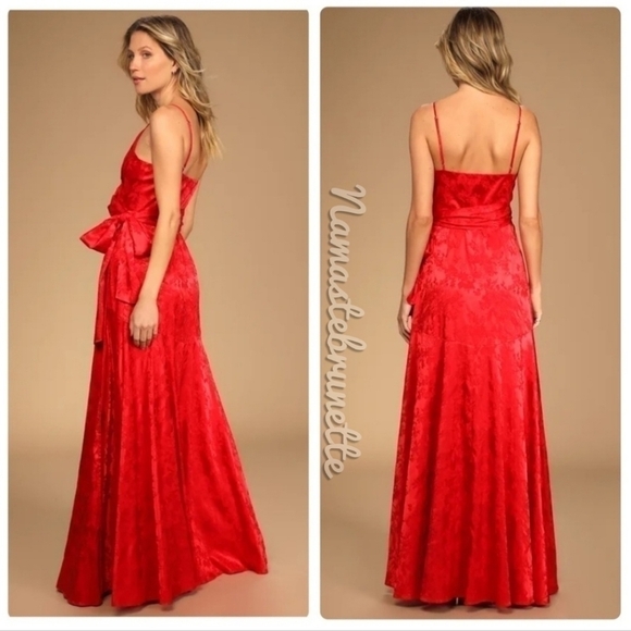 Nwt Small Formal Red Floral Jacquard Satin Wrap Maxi Dress - Picture 8 of 17